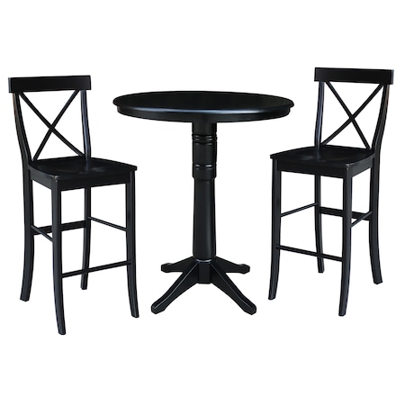 International Concepts Round 36 in Rd Pedestal Bar Height Table, 2 X-Back Bar Height Stools, Black, 36 in W, 36 in L, Wood K46-36RT-27B-S6133-2